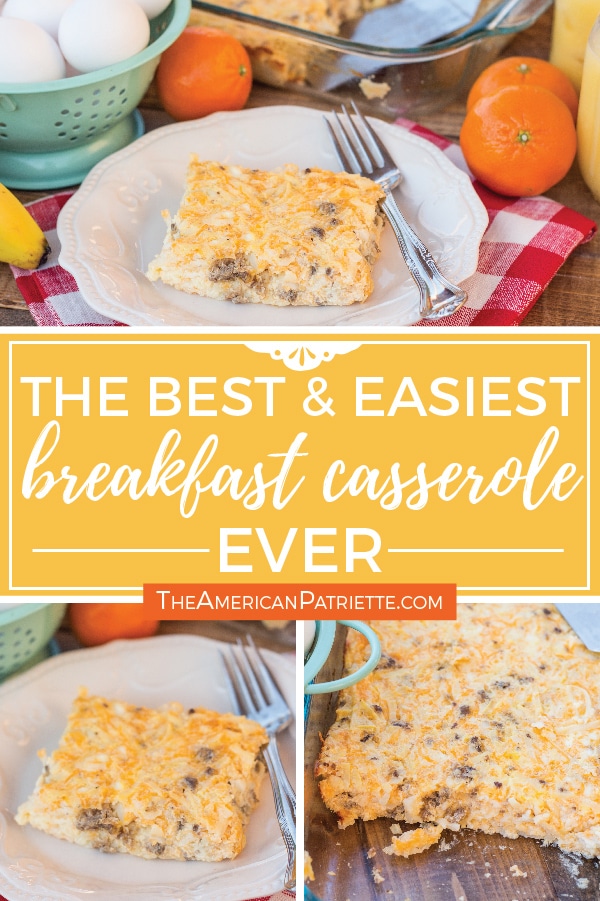 This breakfast casserole recipe, made with hashbrowns, cheese, and sausage, is full of protein, easy to make ahead of time, and makes delicious leftovers. Perfect for easy weekday breakfast ideas, to prepare for a brunch shower, as a main dish for breakfast for dinner, or to make when you’re having overnight guests. Super simple prep! #breakfastcasserole #christmasmorning #easybreakfastideas #breakfastrecipes #healthybreakfast