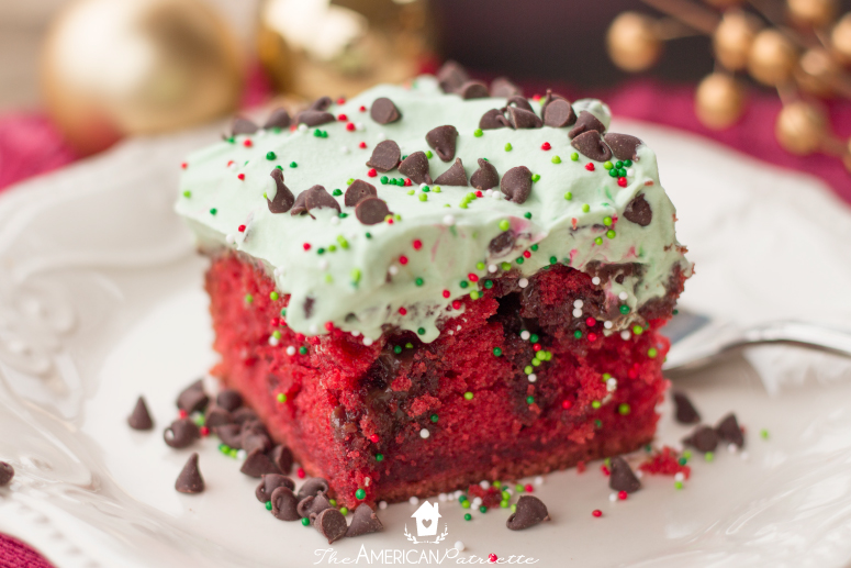 Easy Christmas Red Velvet & Chocolate Poke Cake - The American Patriette