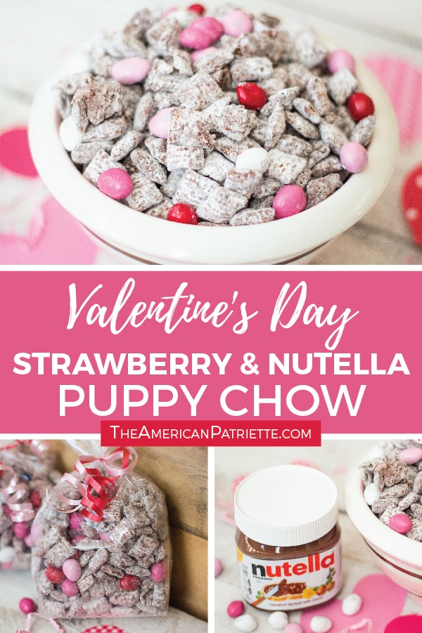 Valentine's Day Strawberry and Nutella Puppy Chow - an easy and delicious Valentine's Recipe with M&Ms! #valentinesday #valentinedessert 