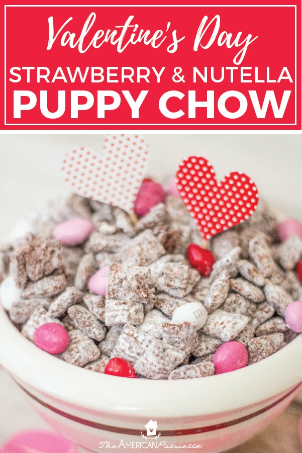 Valentine's Day Strawberry and Nutella Puppy Chow - an easy and delicious Valentine's Recipe with M&Ms! #valentinesday #valentinedessert 