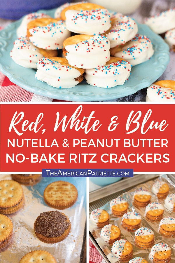 These easy, no-bake patriotic Nutella and peanut butter stuffed Ritz crackers are a perfect 4th of July or Memorial Day dessert! This patriotic recipe is simple to make and is perfect for a crowd! #4thofjuly #patrioticrecipes #memorialday #memorialdayrecipes #nobakedessert