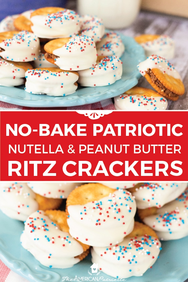 These easy, no-bake patriotic Nutella and peanut butter stuffed Ritz crackers are a perfect 4th of July or Memorial Day dessert! This patriotic recipe is simple to make and is perfect for a crowd! #4thofjuly #patrioticrecipes #memorialday #memorialdayrecipes #nobakedessert