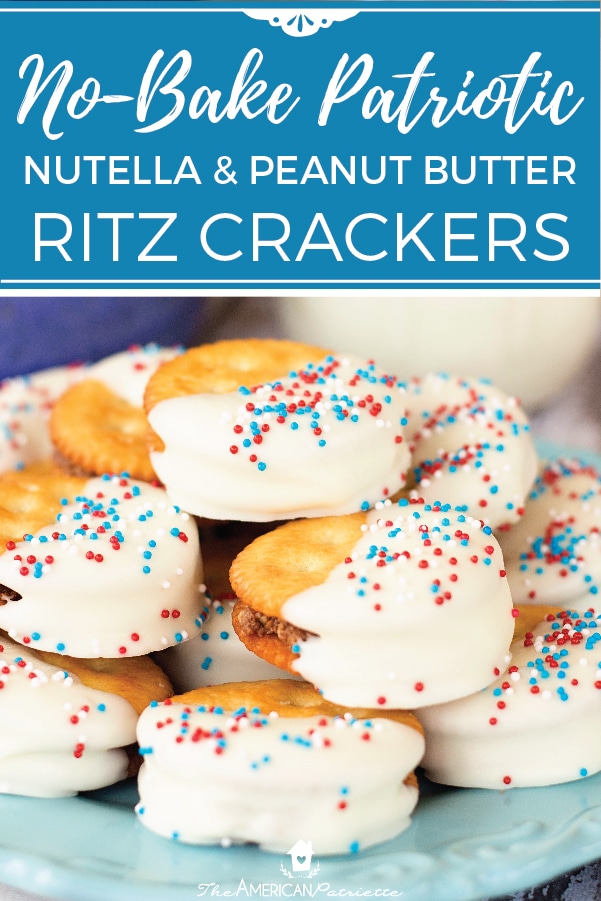 These easy, no-bake patriotic Nutella and peanut butter stuffed Ritz crackers are a perfect 4th of July or Memorial Day dessert! This patriotic recipe is simple to make and is perfect for a crowd! #4thofjuly #patrioticrecipes #memorialday #memorialdayrecipes #nobakedessert