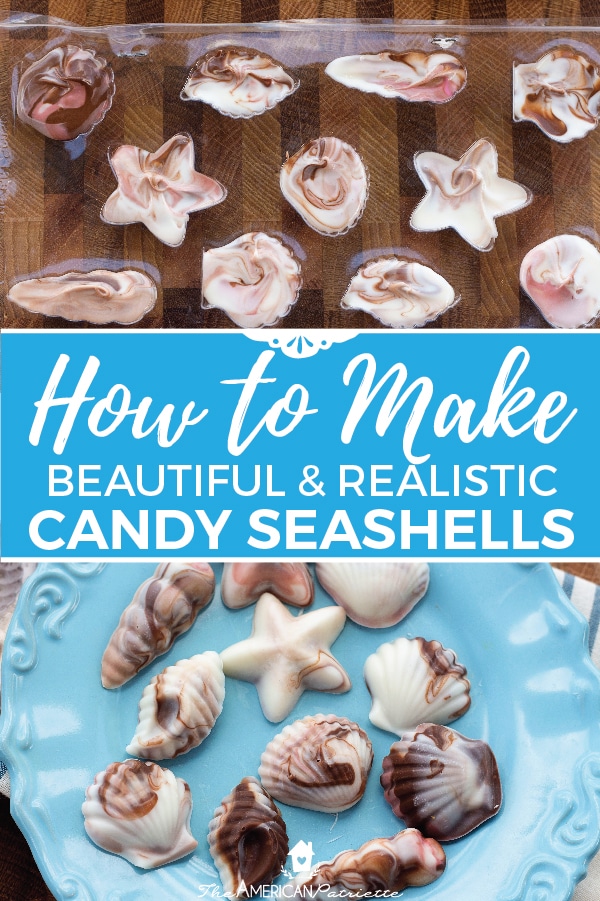 These easy-to-make realistic candy seashells are perfect to top cupcakes, cake balls, or other desserts for a beach-themed bridal shower, baby shower, or birthday party! Fun recipe idea for a classy and elegant sweet treat! #beachparty #beachthemedparty #bridalshowerrecipes #babyshowerrecipes #beachrecipes