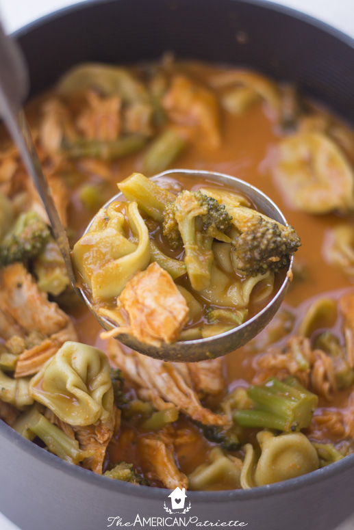 Easy Roasted Red Pepper, Tortellini, Chicken, and Broccoli Soup