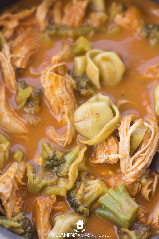 Easy Roasted Red Pepper, Tortellini, Chicken, and Broccoli Soup