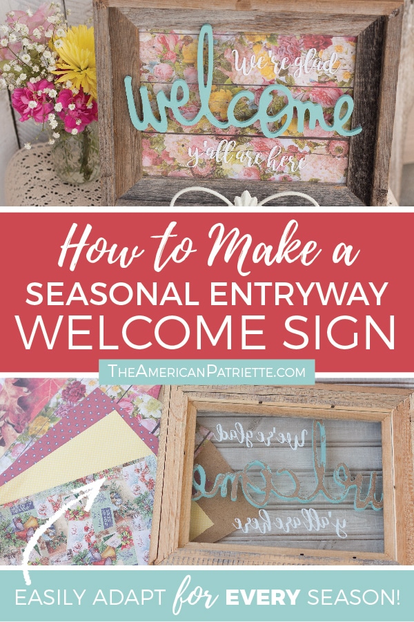 How to make a colorful, seasonal, rustic-style welcome sign for your entryway. Easy DIY farmhouse sign using a repurposed frame! #farmhousesign #welcomesign #DIYdecor #rusticdecor