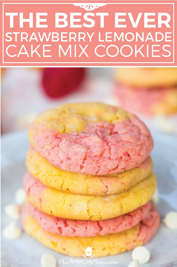 These are the best homemade strawberry lemon cookies made from cake mix! Easy with only three ingredients plus white chocolate chips - they are so chewy, taste so fresh, and are perfect for spring and summer! #cakemixcookies #dessert #homemade #cookies #lemonrecipe #strawberryrecipe