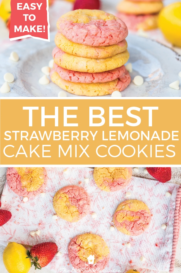 These strawberry lemon cookies will easily become one of your favorite recipes! Made from cake mix and with white chocolate chips, they resemble crinkle cookies and taste homemade, especially since they’re made with butter - no oil! Super easy to make and so chewy! #lemoncookies #strawberrycookies #cookies #homemade #lemondessert 