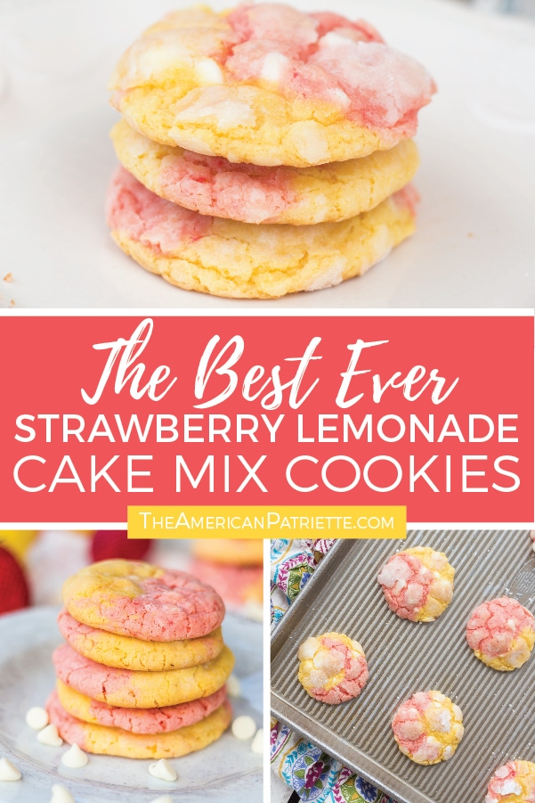 These are the best homemade strawberry lemon cookies made from cake mix! Easy with only three ingredients plus white chocolate chips - they are so chewy, taste so fresh, and are perfect for spring and summer! #cakemixcookies #dessert #homemade #cookies #lemonrecipe #strawberryrecipe