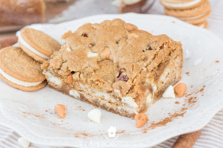 Decadent Pumpkin Spice & Butterscotch Fall Blondies (with butterscotch & white chocolate chips and Cinnamon Creme Oreos!)