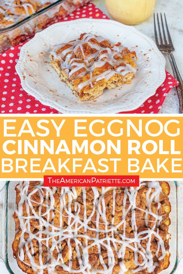 This simple eggnog cinnamon roll breakfast bake is a perfect make ahead breakfast casserole for your Christmas morning gatherings! #christmasbaking #holidaybaking #christmasrecipes #christmasbreakfast 