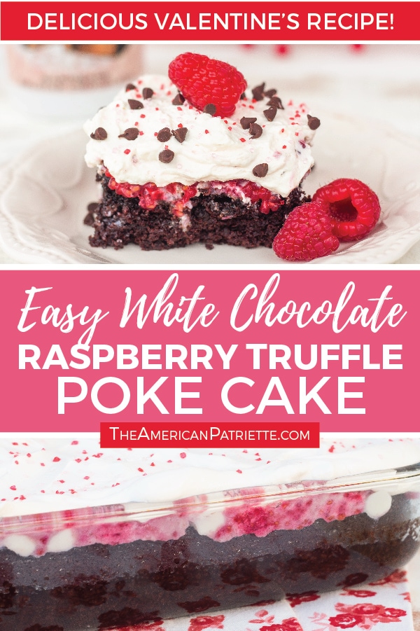  This easy and delicious white chocolate raspberry truffle poke cake is the best dessert for Valentine's day! Made with a sweet raspberry and sweetened condensed milk topping, as well as homemade whipped cream frosting, this amazing cake is delicious and perfect for a crowd!