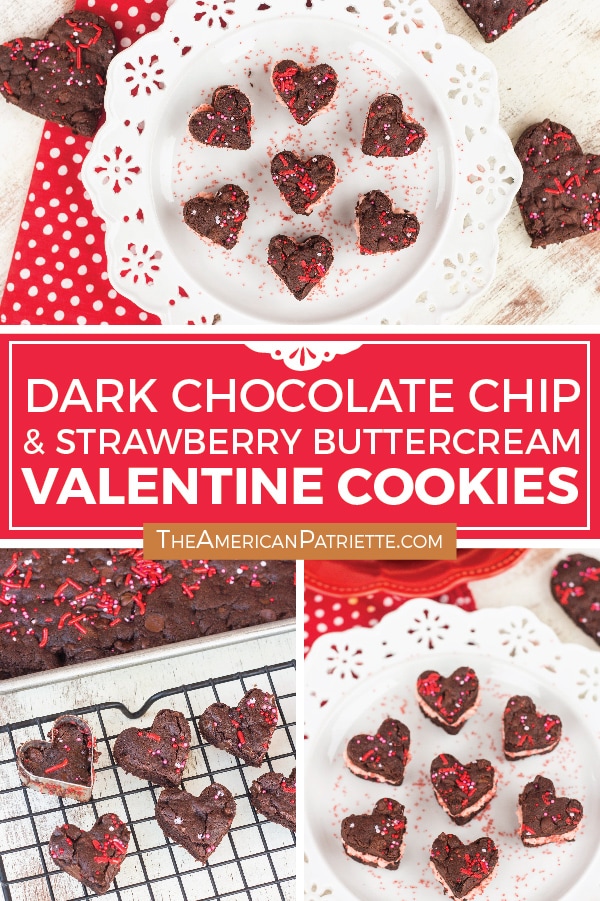 Dark chocolate chip heart-shaped cookies with strawberry buttercream filling are a fun and easy homemade Valentine's Day dessert!