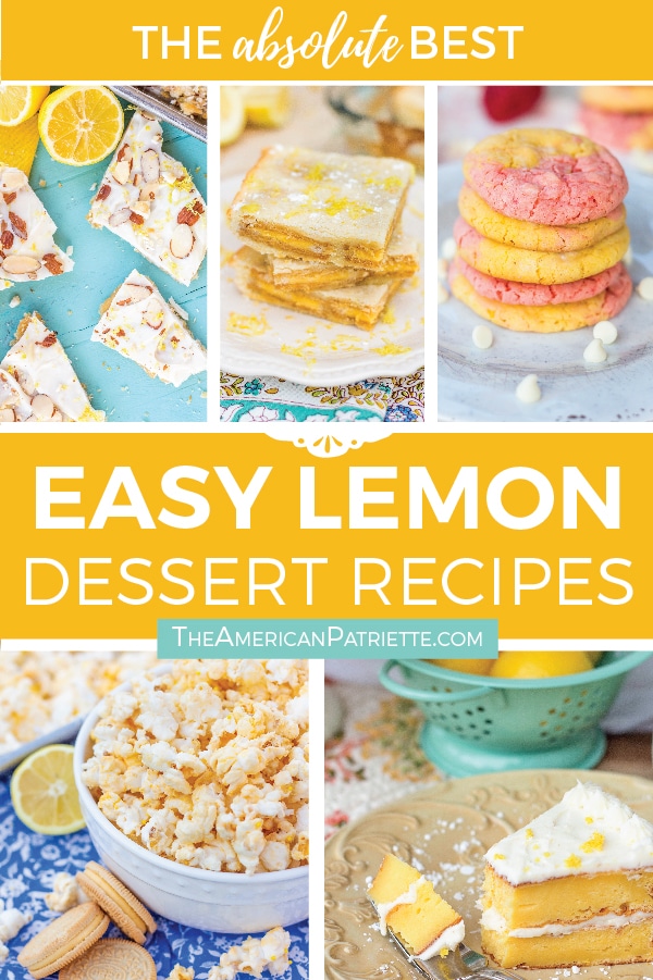 The absolute best easy lemon dessert recipes - the perfect simple homemade recipes for lemon bars, cookies, toffee, cake, and white chocolate popcorn! Great recipes for spring, summer, and for a crowd! #lemondessert #lemonrecipes #homemade #dessert #cakerecipes #cookierecipes