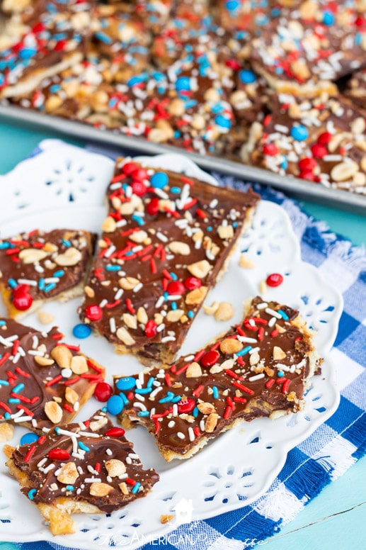 Easy Chocolate Peanut Butter Patriotic Saltine Toffee