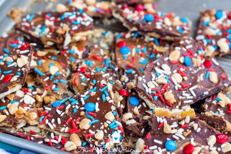 Easy Chocolate Peanut Butter Patriotic Saltine Toffee