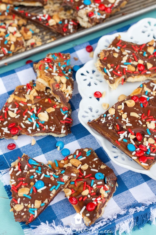 Easy Chocolate Peanut Butter Patriotic Saltine Toffee