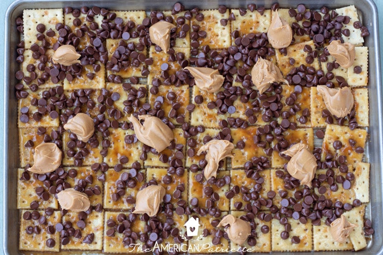 Easy Chocolate Peanut Butter Patriotic Saltine Toffee