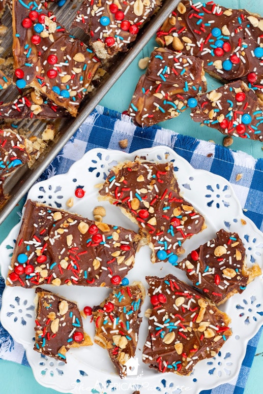 Easy Chocolate Peanut Butter Patriotic Saltine Toffee