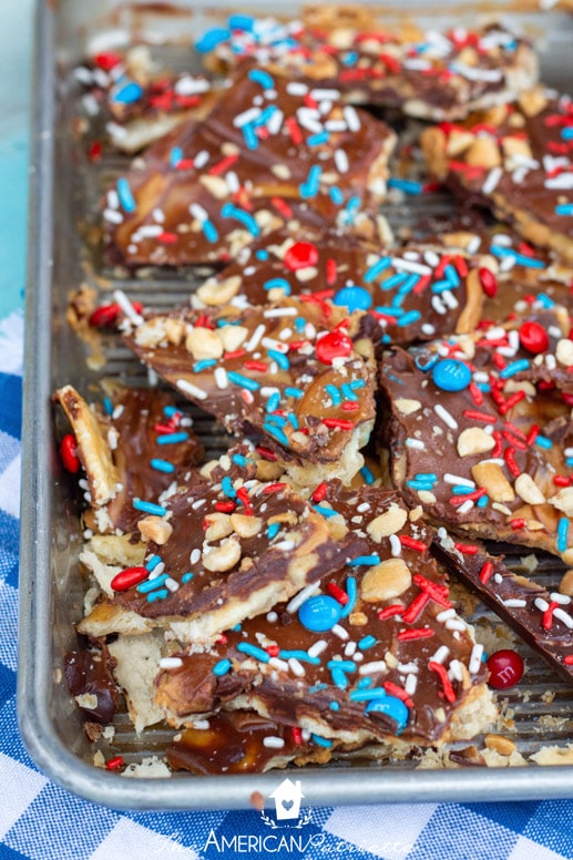 Easy Chocolate Peanut Butter Patriotic Saltine Toffee