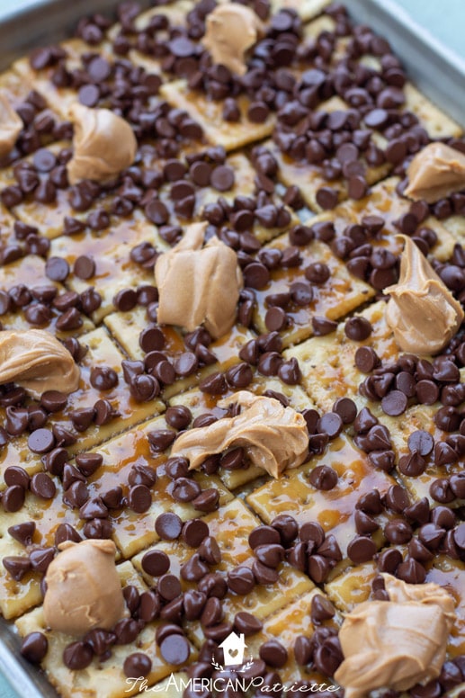 Easy Chocolate Peanut Butter Patriotic Saltine Toffee