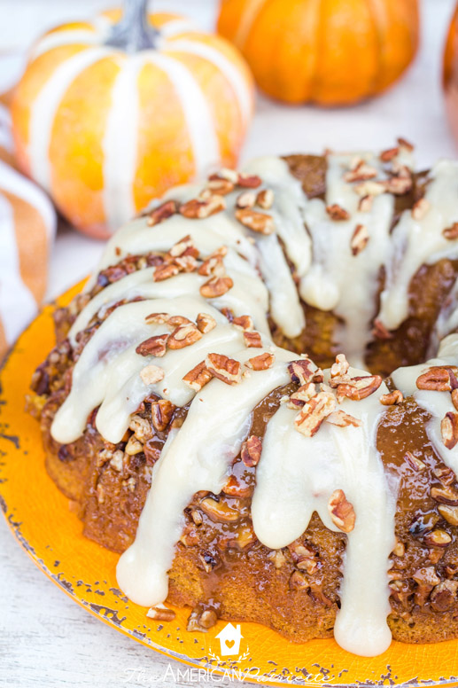 Easy Pumpkin Praline Bundt Cake with Cream Cheese Frosting Glaze