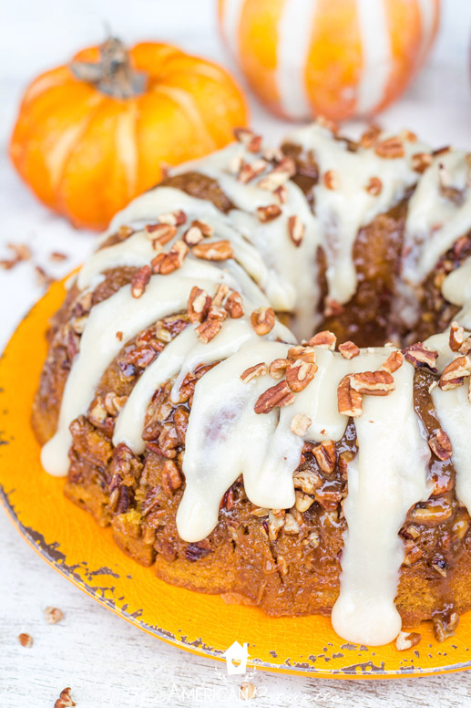 Easy Pumpkin Praline Bundt Cake with Cream Cheese Frosting Glaze