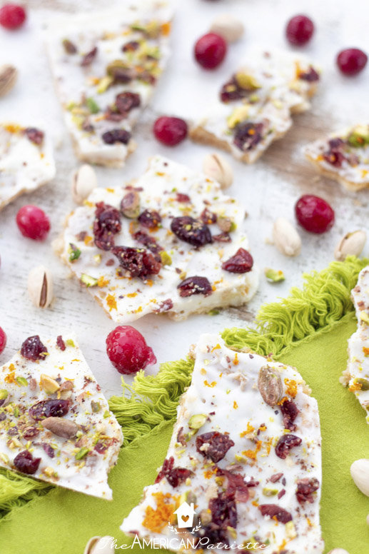 White Chocolate Cranberry, Pistachio, and Orange Saltine Toffee